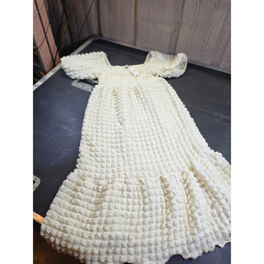 Simply Southern Popcorn Fabric Midi Dress Cream Yellow Puff Sleeve Smocked $79